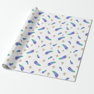 Papel De Presente Mardi Gras Feather e Fleur de Lis Pattern