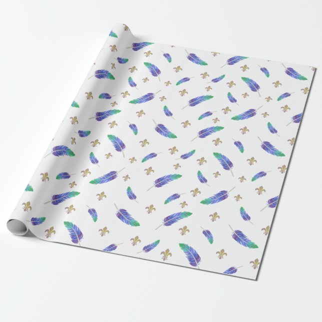 Papel De Presente Mardi Gras Feather e Fleur de Lis Pattern (Desenrolado)