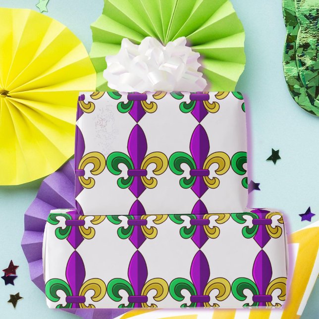 Papel De Presente Mardi Gras Fleur de Lis Carnaval Purple Green Gift (Criador carregado)