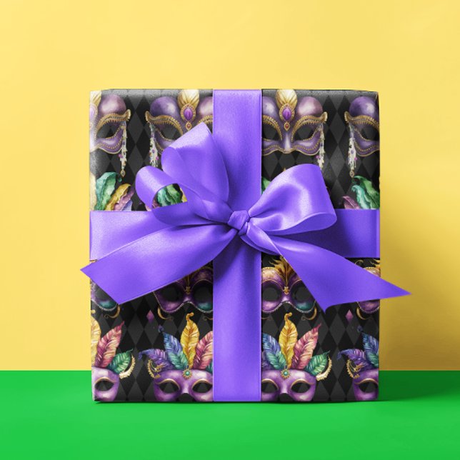Papel De Presente Mardi Gras Máscara Verde Roxo Dourado Amarelo (Criador carregado)