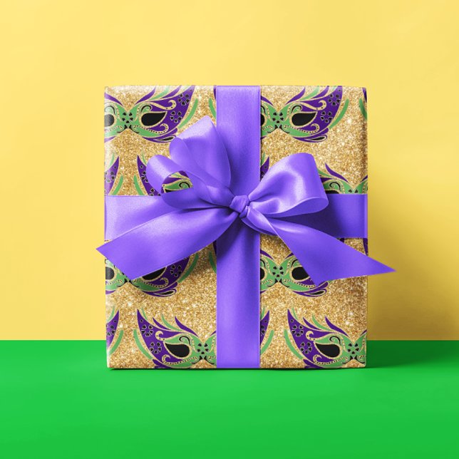 Papel De Presente Mardi Gras Máscara Verde Roxo Dourado Amarelo (Criador carregado)