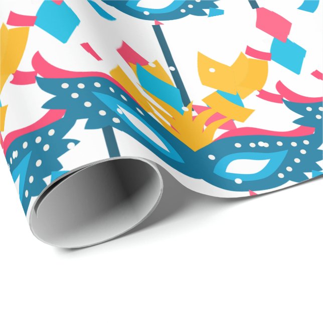 Papel De Presente Mardi Gras Mask E Confetti Em Branco (Ponta do rolo)