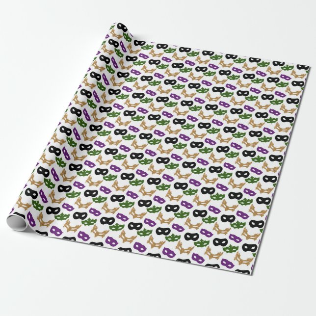 Papel De Presente Mardi Gras Mask Purple Green Faux Dourado Black (Desenrolado)