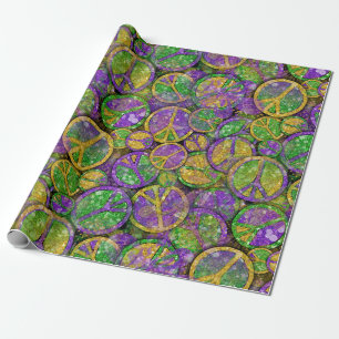 Papel De Presente Mardi Gras: Sinais de paz em verde roxo e Dourado
