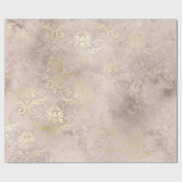 Papel De Presente Marfim e Dourado Damask Distress Grunge