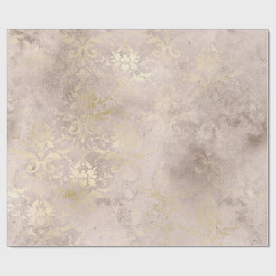 Papel De Presente Marfim e Dourado Damask Distress Grunge