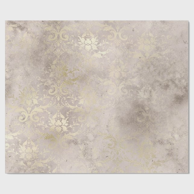 Papel De Presente Marfim e Dourado Damask Distress Grunge (Aberto)