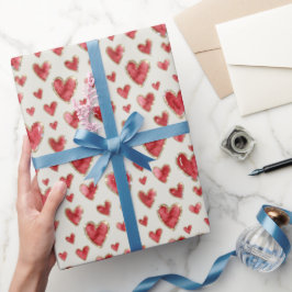 Papel De Presente Marfim Macio | Corações de Aquarela com Brilho Fal