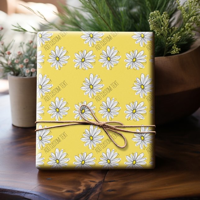 Papel De Presente Margarida Branca e Amarela com Texto Personalizado (Personalized Wrapping Paper)