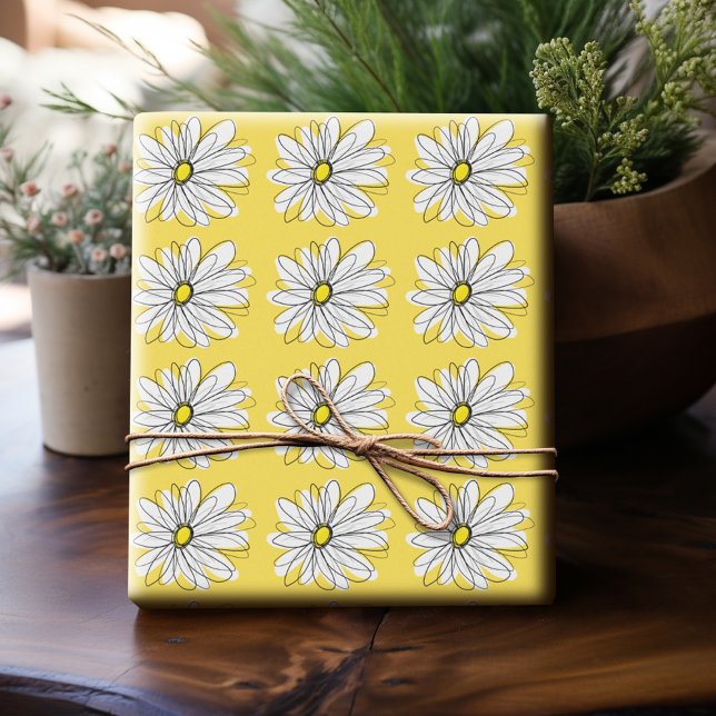 Papel De Presente Margarida Branca e Amarela com Texto Personalizado (Personalized Wrapping Paper)