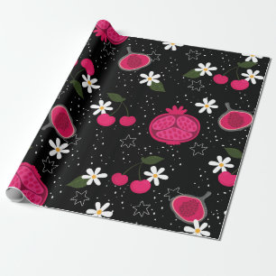 Papel De Presente margarida floral de fruta de romã negra