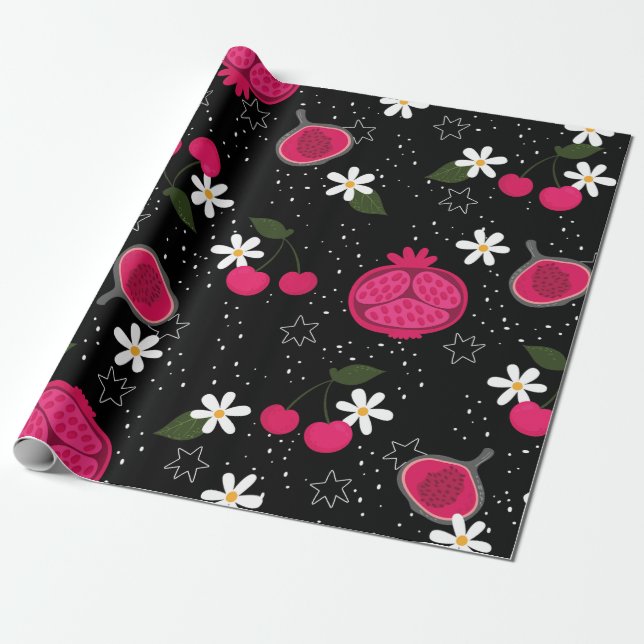 Papel De Presente margarida floral de fruta de romã negra (Desenrolado)