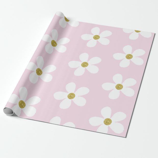 Papel De Presente Margarida Simples Branca Rosa Dourada (Desenrolado)