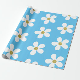 Papel De Presente Margarida Simples Branco Azul Dourada