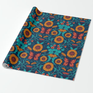 Papel De Presente Margaridas Art Nouveau em azul e amarelo