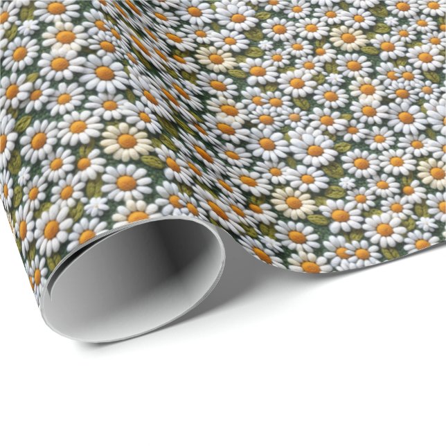 Papel De Presente Margaridas Brancas de Crochê Flores Silvestres da  (Ponta do rolo)