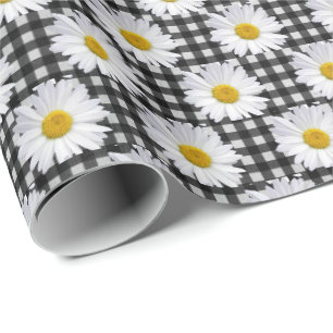 Papel De Presente Margaridas Brancas em Gingham 