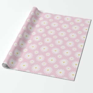 Papel De Presente Margaridas Brancas em Rosa