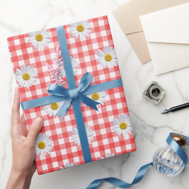 Papel De Presente Margaridas Brancas em Xadrez Vermelho e Branco (Presentear)