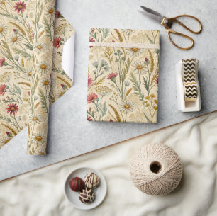 Papel De Presente Margaridas de Prado Rústico com Trigo e Flores Sil