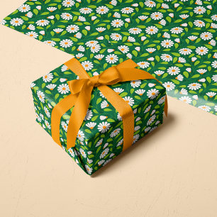 Papel De Presente Margaridas de Primavera Verde & Branco & Padrão de