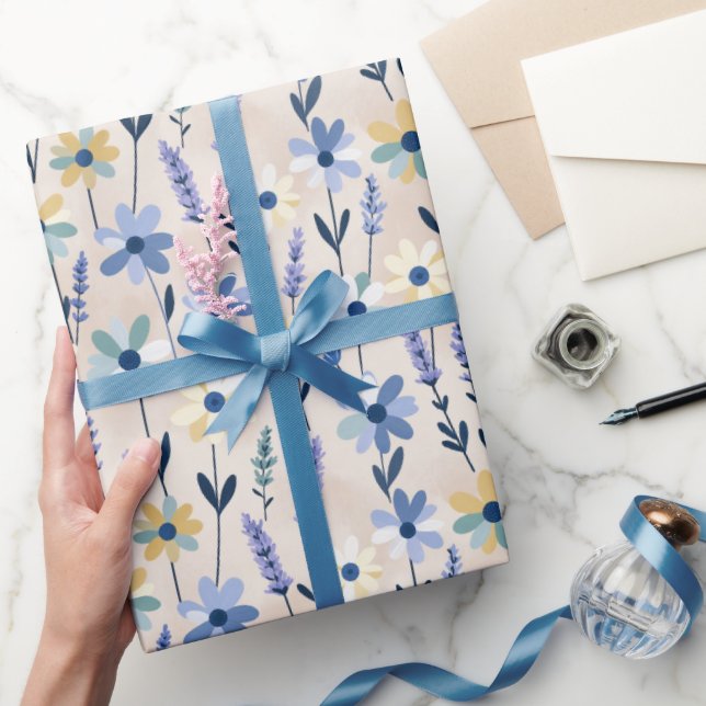 Papel De Presente Margaridas e Lavanda de Pastel no Prado (Presentear)