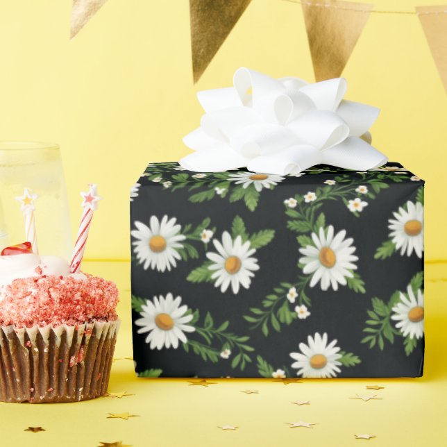 Papel De Presente Margaridas em Aquarela em Preto (Festa de aniversário)