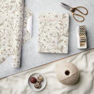 Papel De Presente Margaridas em branco e marrom sobre branco fosco