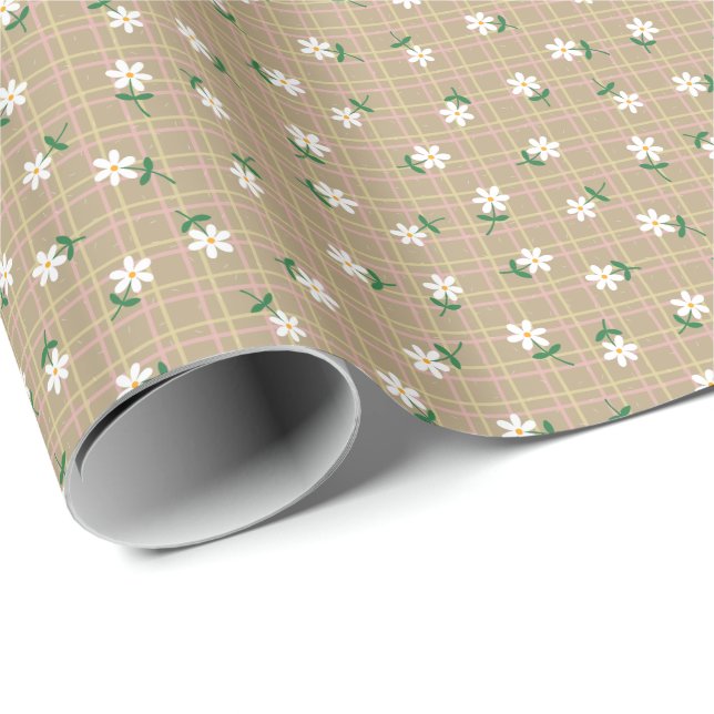 Papel De Presente Margaridas em Xadrez Marrom (escala pequena) (Ponta do rolo)