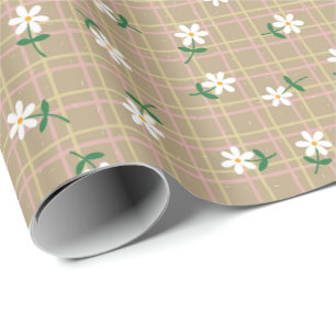 Papel De Presente Margaridas em Xadrez Marrom (grande escala)