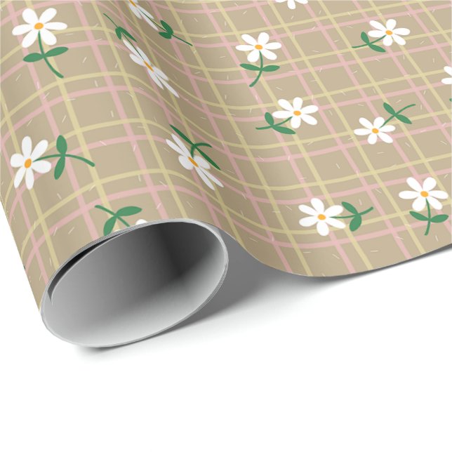 Papel De Presente Margaridas em Xadrez Marrom (grande escala) (Ponta do rolo)
