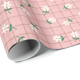 Papel De Presente Margaridas em Xadrez Rosa (escala grande)