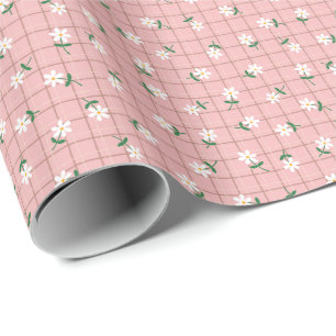 Papel De Presente Margaridas em Xadrez Rosa (pequena escala)