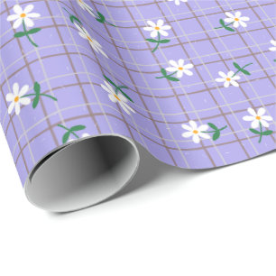 Papel De Presente Margaridas em Xadrez Roxo (escala grande)