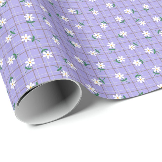 Papel De Presente Margaridas em Xadrez Roxo (pequena escala) (Ponta do rolo)