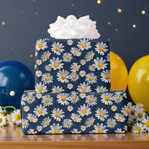 Papel De Presente Margaridas no Aniversário de Jeans Azul 