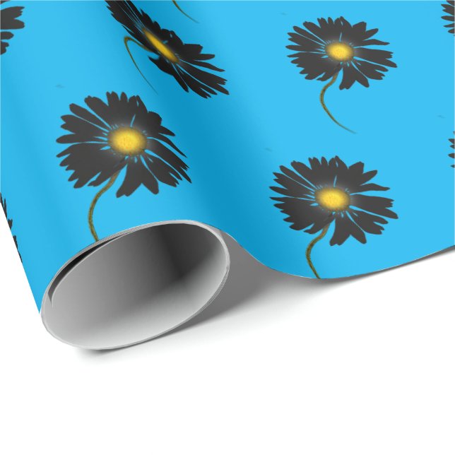 Papel De Presente margaridas pretas em azul aqua (Ponta do rolo)