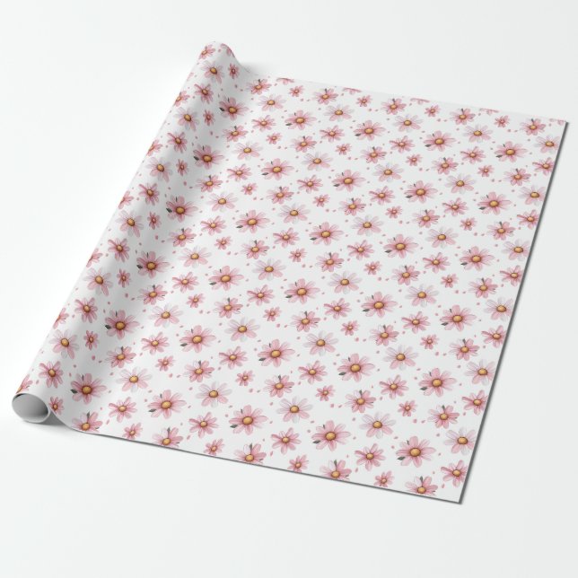 Papel De Presente Margaridas Rosa & Pontos em Branco (Desenrolado)