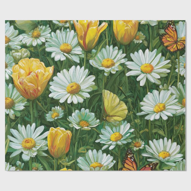 Papel De Presente Margaridas, Tulipas & Borboletas (Aberto)