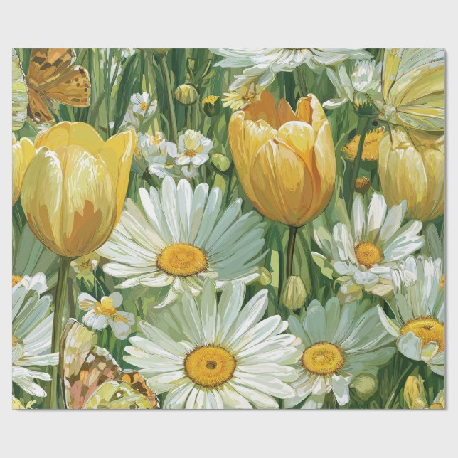 Papel De Presente Margaridas, Tulipas & Borboletas (Aberto)