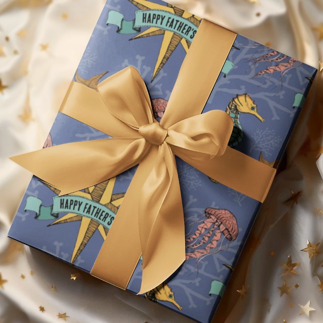 Papel De Presente Marinha de Texto Personalizado da Estrela Náutica  (Cool Nautical Hand-drawn Illustration in Black Ink with Beautiful Ocean Life Scene. Custom Text!)