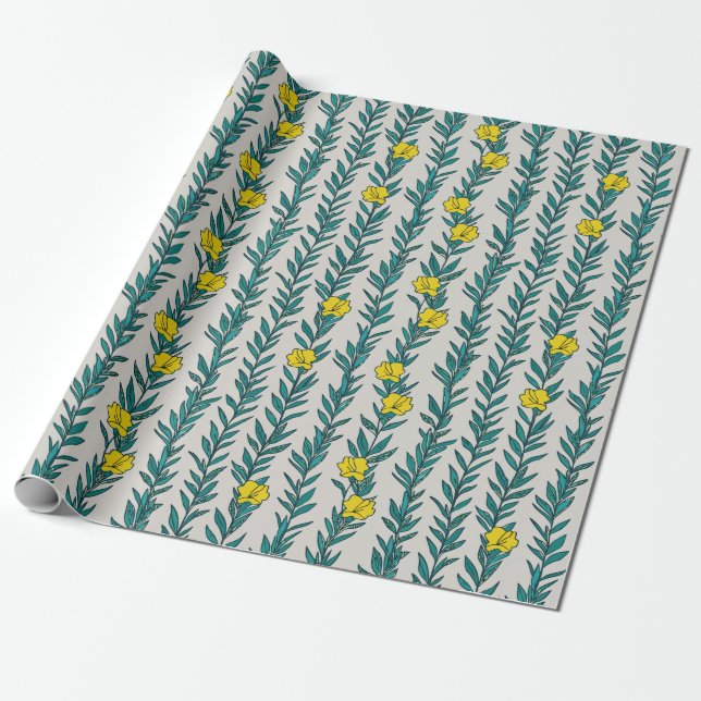 Papel De Presente Marinha Verde com Flores Amarelas (Desenrolado)