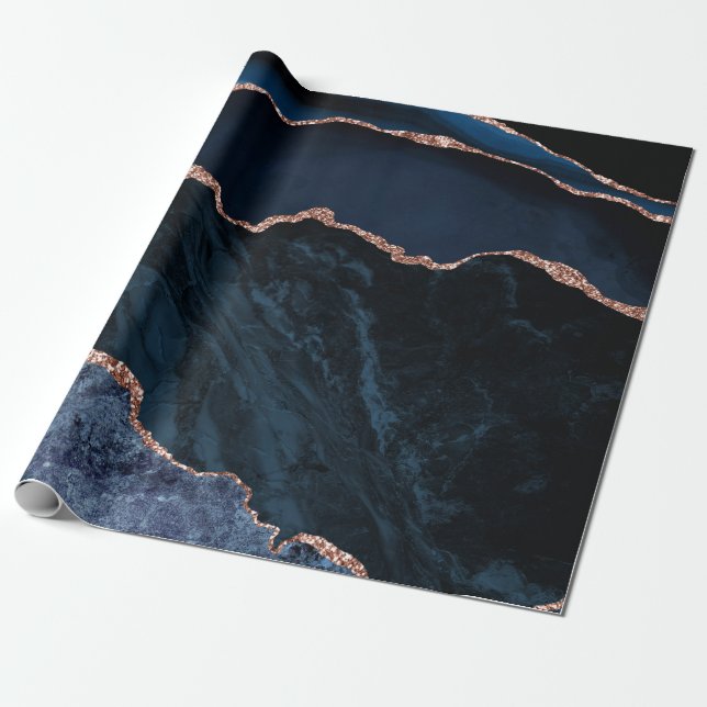 Papel De Presente Marinho Azul Agate Faux Glitter Dourado Rosa (Desenrolado)