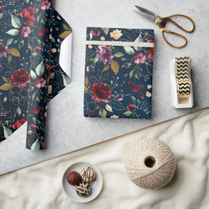 Papel De Presente Marinho Azul Blush Casamento Floral