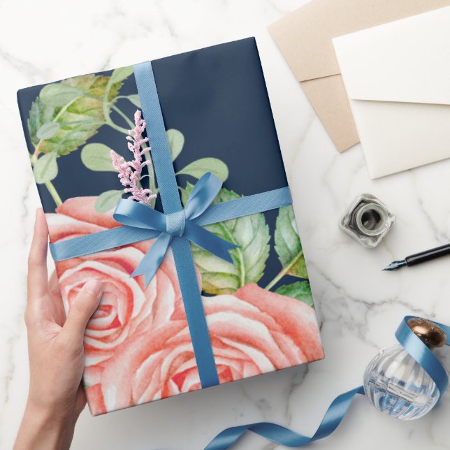 Papel De Presente Marinho Azul Blush Floral (Presentear)