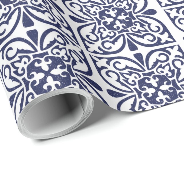 Papel De Presente Marinho Azul Branco marroquino Trellis Boho Padrão (Ponta do rolo)