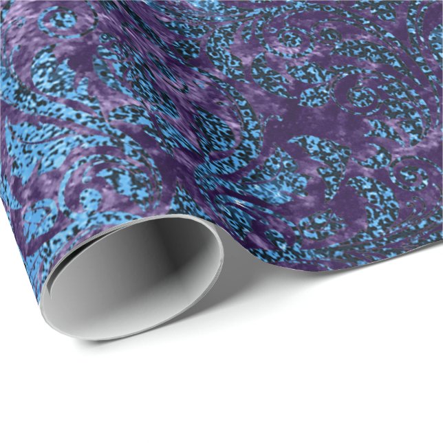 Papel De Presente Marinho azul Damask Velvet Real Roxo Negro (Ponta do rolo)
