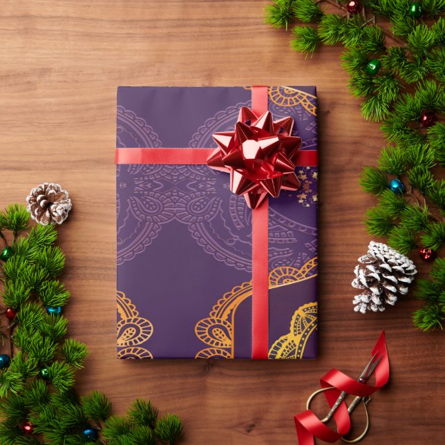 Papel De Presente Marinho Azul e/ou Violeta com Mandalas Douradas (Presente de Natal)