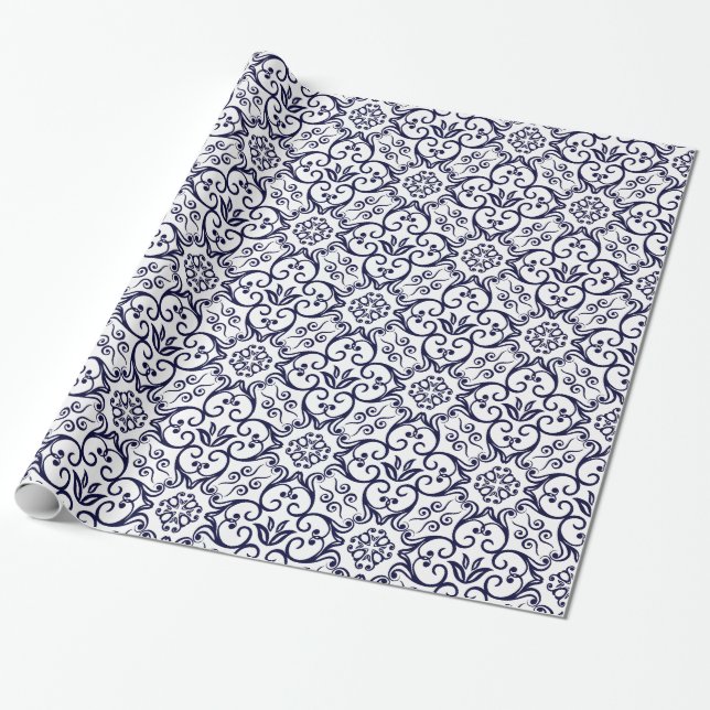 Papel De Presente Marinho Azul e Quebra do Presente do Damasco Branc (Desenrolado)