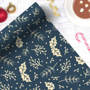 Papel De Presente Marinho Azul Folhagem Floral Natal Botânico